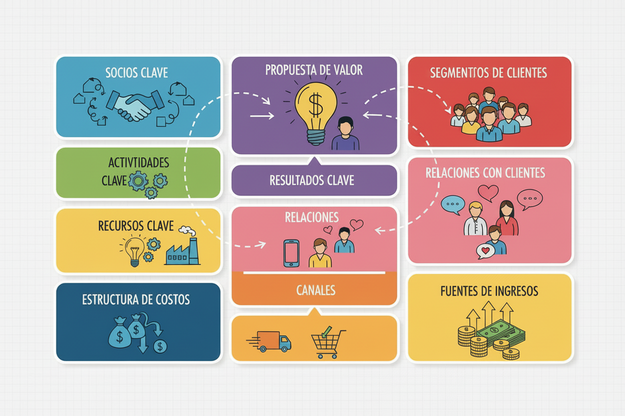 Business Model Canvas con los 9 bloques del modelo de negocio correctamente etiquetados en español